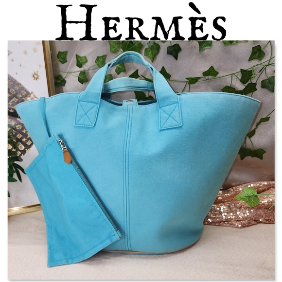 Authentic Hermès Blue Atoll Canvas Beach Tote Bag - Picture 1 of 16